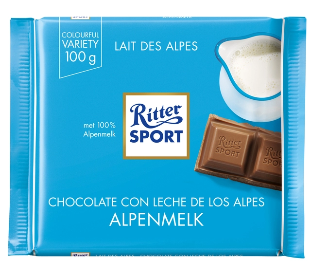 Een Chocolade Ritter Sport alpenmelk 100gr koop je bij VHK Kantoorartikelen