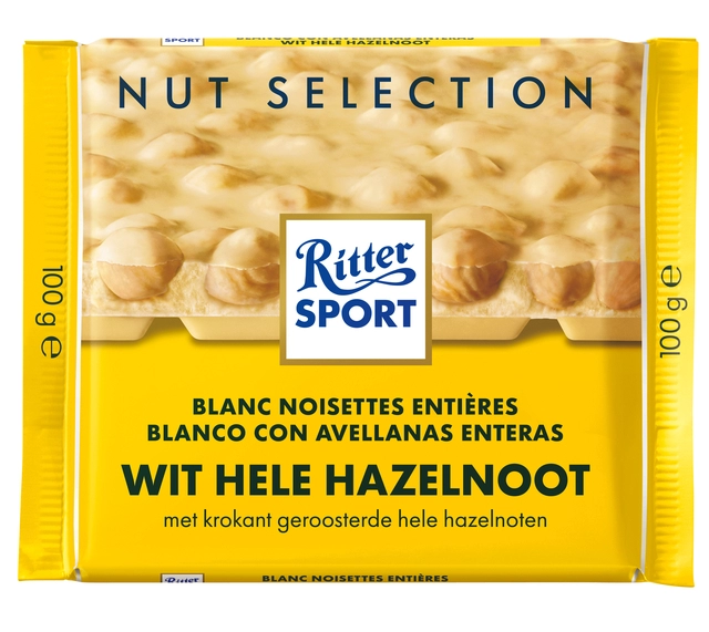 Een Chocolade Ritter Sport wit-hele hazelnoot 100gr koop je bij VHK Kantoorartikelen