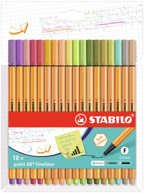 Een Fineliner STABILO point 88/18 fijn assorti set à 18 stuks koop je bij VHK Kantoorartikelen