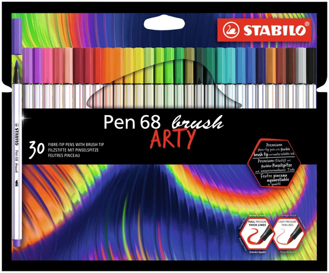 Een Brushstift STABILO Pen 568/30 Arty assorti set à 30 stuks koop je bij Hoekmankantoorartikelen.nl