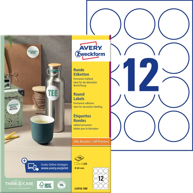 Een Etiket Avery Zweckform L3416 rond 60mm wit 1200stuks koop je bij VHK Kantoorartikelen