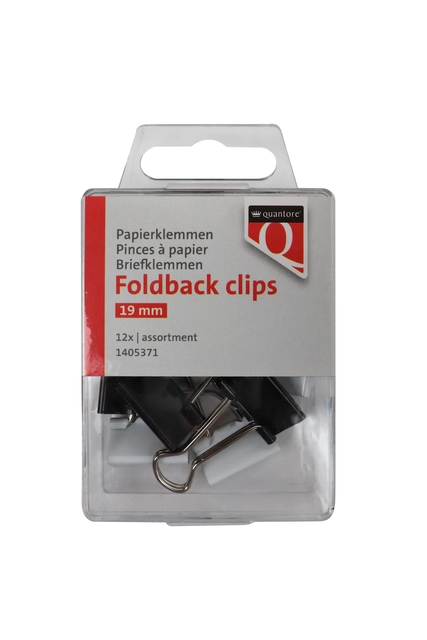 Een Foldback clips Quantore 19 mm assorti 12 stuks koop je bij VHK Kantoorartikelen