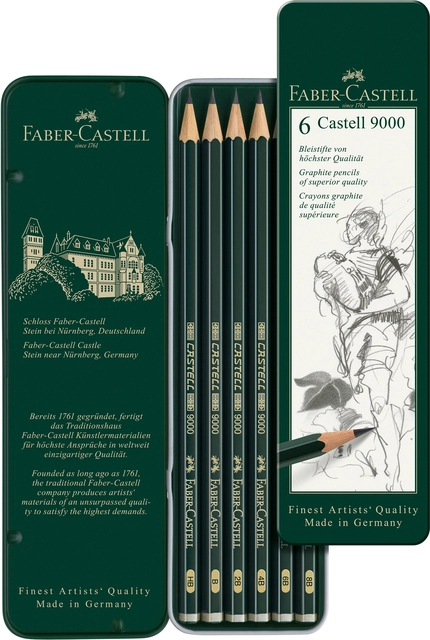 Een Potlood Faber-Castell 9000 6 hardheden in blik koop je bij Hoekmankantoorartikelen.nl