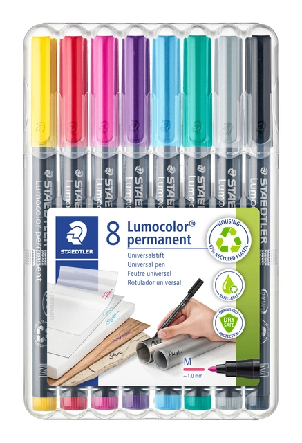 Een Viltstift Staedtler Lumocolor 317 permanent M set à 8 kleuren koop je bij VHK Kantoorartikelen