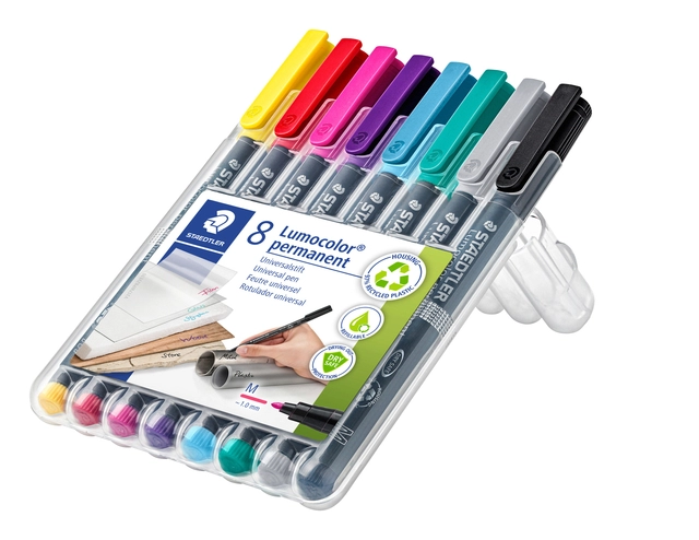 Een Viltstift Staedtler Lumocolor 317 permanent M set à 8 kleuren koop je bij VHK Kantoorartikelen