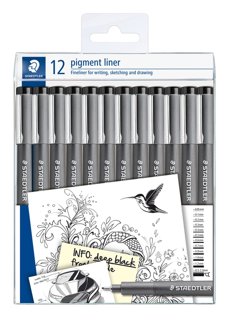 Een Fineliner Staedtler Pigment 308 zwart set à 12 breedtes koop je bij VHK Kantoorartikelen