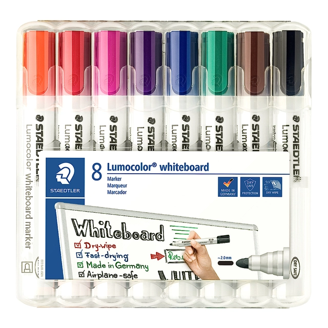 Een Viltstift Staedtler Lumocolor 351 whiteboard set à 8 stuks assorti koop je bij VHK Kantoorartikelen