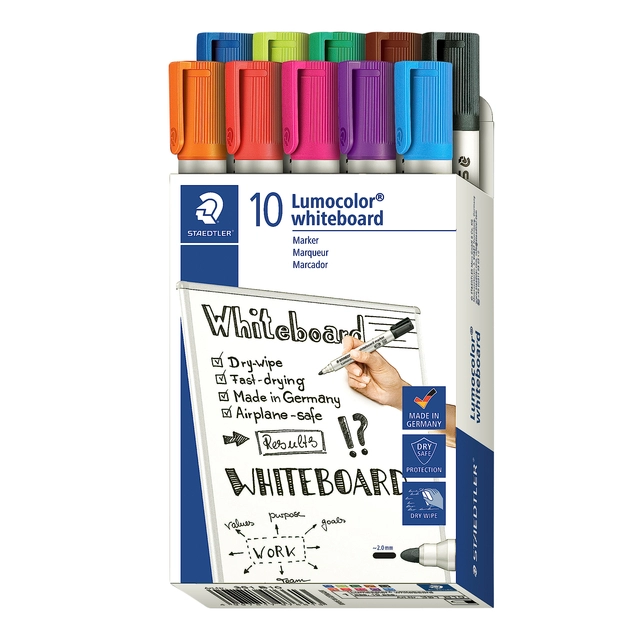 Een Viltstift Staedtler Lumocolor 351 whiteboard set à 10 stuks assorti koop je bij VHK Kantoorartikelen