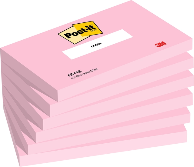 Een Memoblok Post-it 655 76x127mm gelijnd roze 6 stuks koop je bij Hoekmankantoorartikelen.nl