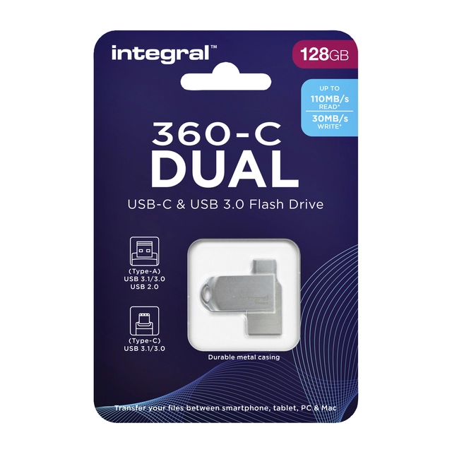 Een USB-stick Integral 3.0 USB-360-C Dual 128GB koop je bij VHK Kantoorartikelen