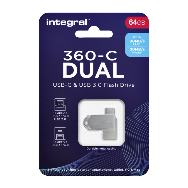 Een USB-stick Integral 3.0 USB-360-C Dual 64GB koop je bij VHK Kantoorartikelen