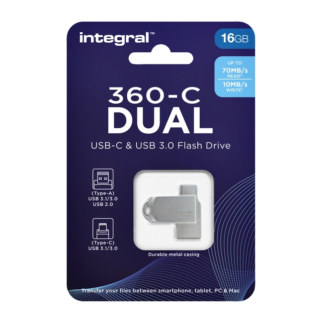 Een USB-stick Integral 3.0 USB-360-C Dual 16GB koop je bij VHK Kantoorartikelen