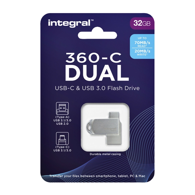 Een USB-stick Integral 3.0 USB-360-C Dual 32GB koop je bij VHK Kantoorartikelen