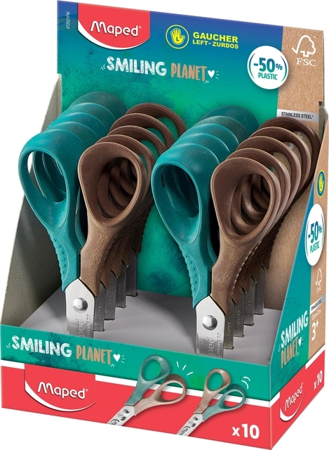 Een Schaar Maped Smiling Planet 12cm links display à 10 stuks assorti koop je bij VHK Kantoorartikelen