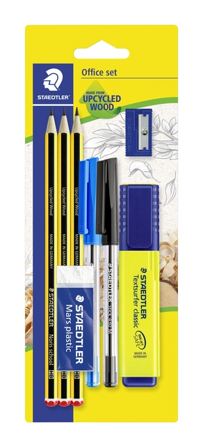 Een Schrijfset Staedtler inhoud 3 Noris potloden HB - 2 balpennen, markeerstift, gum en slijper 8 stuks koop je bij Hoekmankantoorartikelen.nl