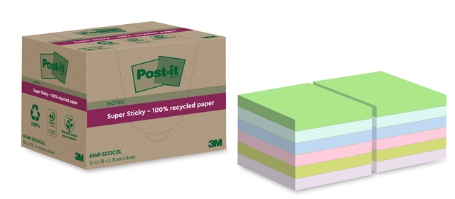 Een Memoblok Post-it 654 RSS12COL 76x76mm recycled colour notes pastel 12 stuks koop je bij Hoekmankantoorartikelen.nl