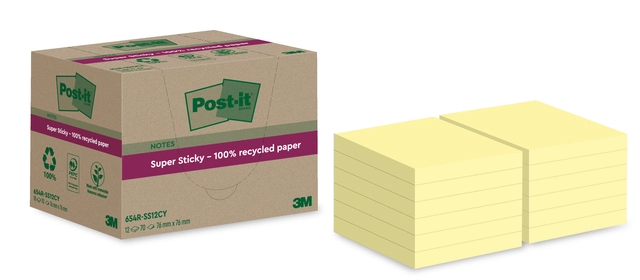 Een Memoblok Post-it Super Sticky 654 RSS12CY recycled 76x76mm canary yellow 12 stuks koop je bij Hoekmankantoorartikelen.nl