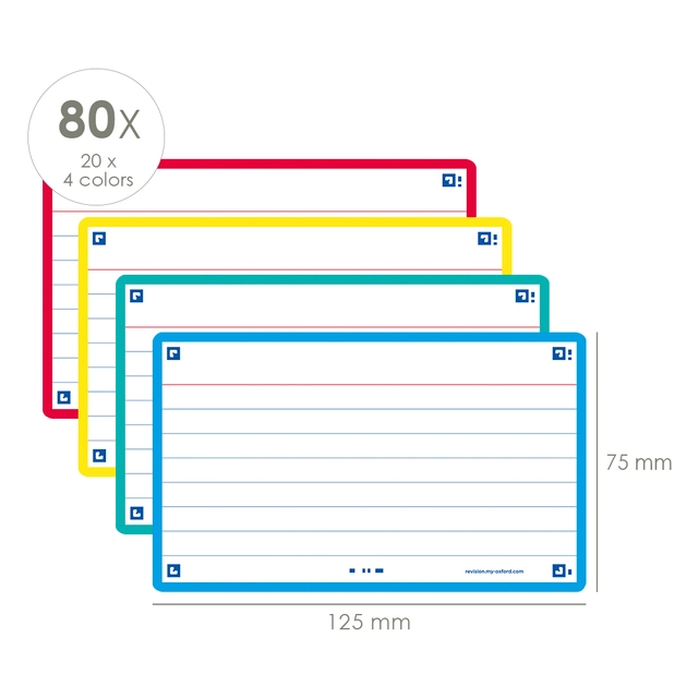 Een Flashcard Oxford 2.0 75x125mm 80 vel 250gr lijn assorti koop je bij Hoekmankantoorartikelen.nl