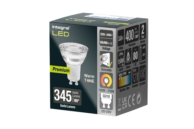 Een Ledlamp Integral GU10 1800-2700K warm wit 3.6W 380lumen koop je bij VHK Kantoorartikelen