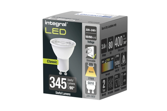 Een Ledlamp Integral GU10 2700K warm wit 3.6W 400lumen koop je bij VHK Kantoorartikelen