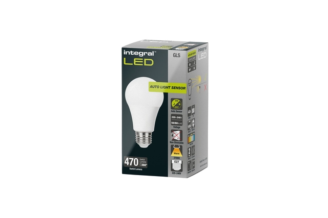 Een Ledlamp Integral E27 2700K warm wit 4.8W 470lumen dag/nacht sensor koop je bij VHK Kantoorartikelen