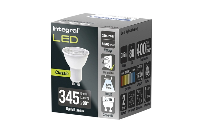 Een Ledlamp Integral GU10 4000K koel wit 3.6W 400lumen koop je bij VHK Kantoorartikelen