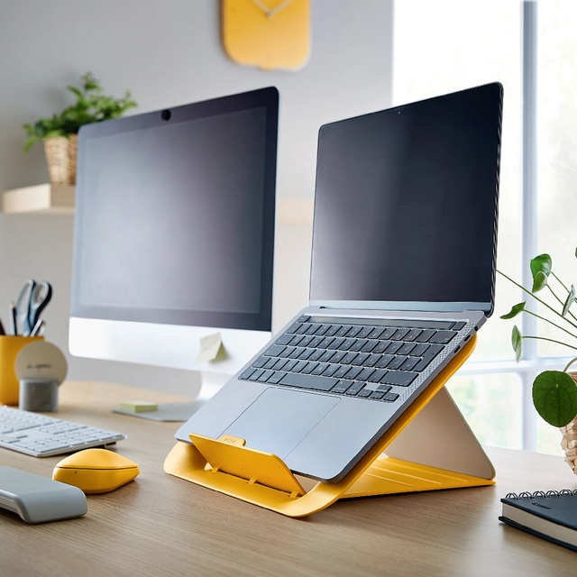 Een Laptopstandaard Leitz Ergo Cosy verstelbaar recyled geel koop je bij Hoekmankantoorartikelen.nl