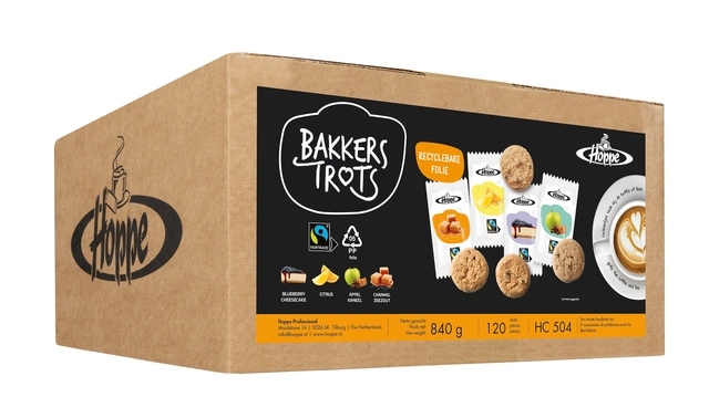 Een Koekjes Hoppe Bakkers Trots fairtrade koekjesmix 120 stuks koop je bij VHK Kantoorartikelen