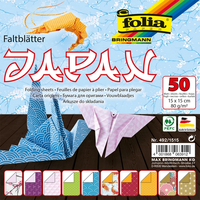 Een Vouwblaadjes Folia 80gr 15x15cm 50 vel 2-zijdig Japan 10 designs assorti kleuren koop je bij VHK Kantoorartikelen