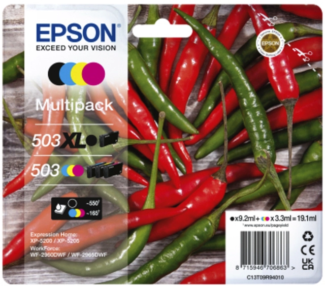 Een Inktcartridge Epson 503XL/503 T09R94 zwart + 3 kleuren koop je bij VHK Kantoorartikelen