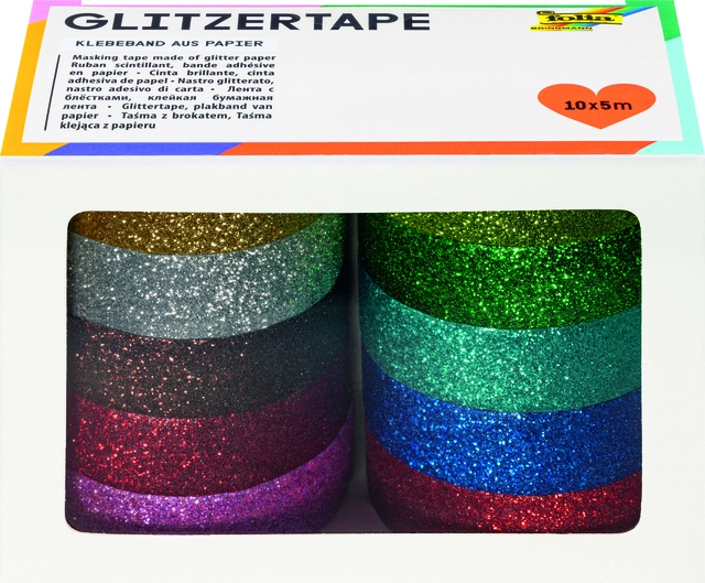 Een Plakband Folia glitter 5mx15mm 10 stuks 10 kleuren koop je bij VHK Kantoorartikelen