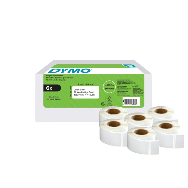 Een Etiket Dymo LabelWriter adressering 25x54mm 6 rollen á 500 stuks wit koop je bij VHK Kantoorartikelen