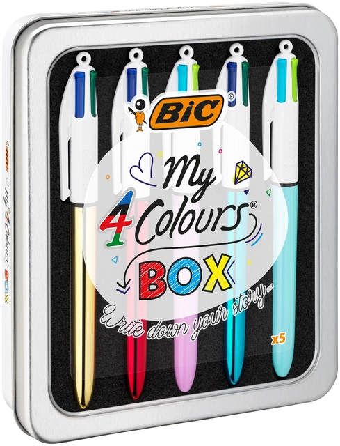 Een Balpen Bic 4kleuren My Bic medium assorti blik à 5 stuks koop je bij VHK Kantoorartikelen