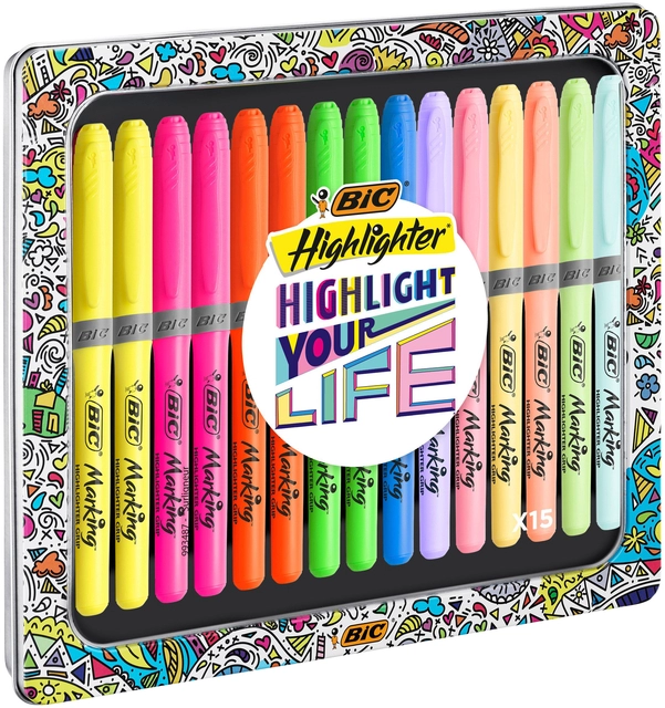 Een Markeerstift Bic grip Highlight your life assorti blik à 15 stuks koop je bij VHK Kantoorartikelen