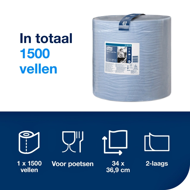 Een Poetspapier Tork Wiping Plus W1 37cmx510m blauw 130050 koop je bij Hoekmankantoorartikelen.nl