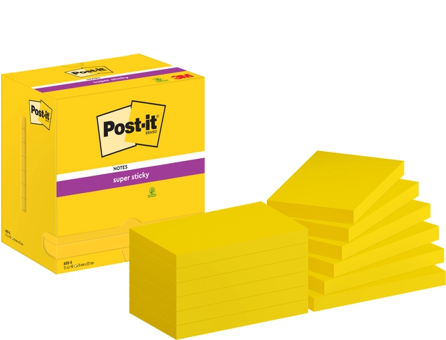 Een Memoblok Post-it 655 Super Sticky 76x127mm neon geel 12 stuks koop je bij Hoekmankantoorartikelen.nl