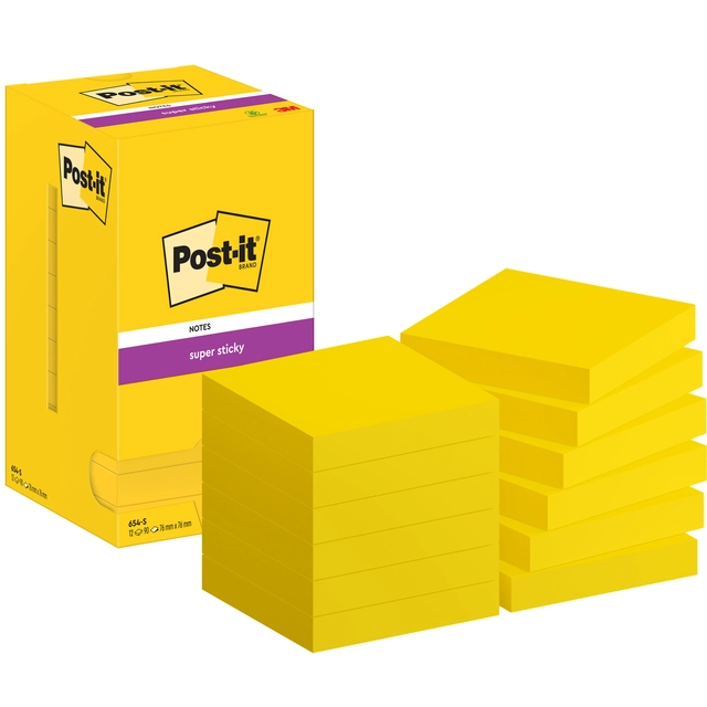 Een Memoblok Post-it 654 Super Sticky 76x76mm ultrageel 12 stuks koop je bij Hoekmankantoorartikelen.nl