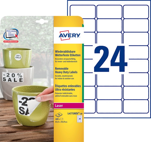 Een Etiket Avery L4773REV-20 63.5x33.9mm wit 480stuks koop je bij VHK Kantoorartikelen