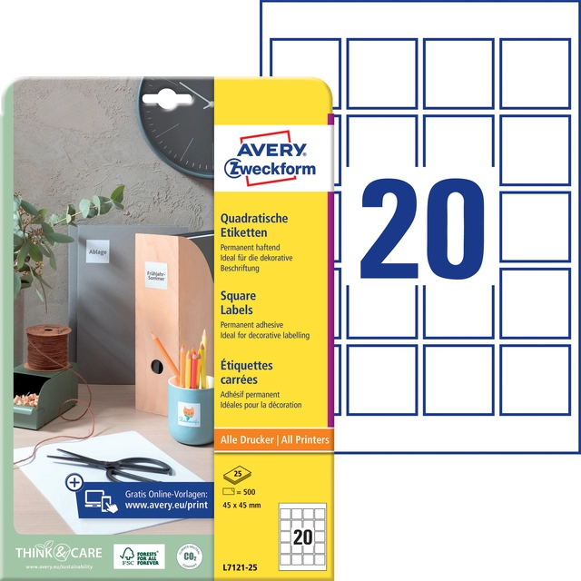 Een Etiket Avery Zweckform L7121-25 QR code 45x45mm opaak 500 etiketten koop je bij Hoekmankantoorartikelen.nl