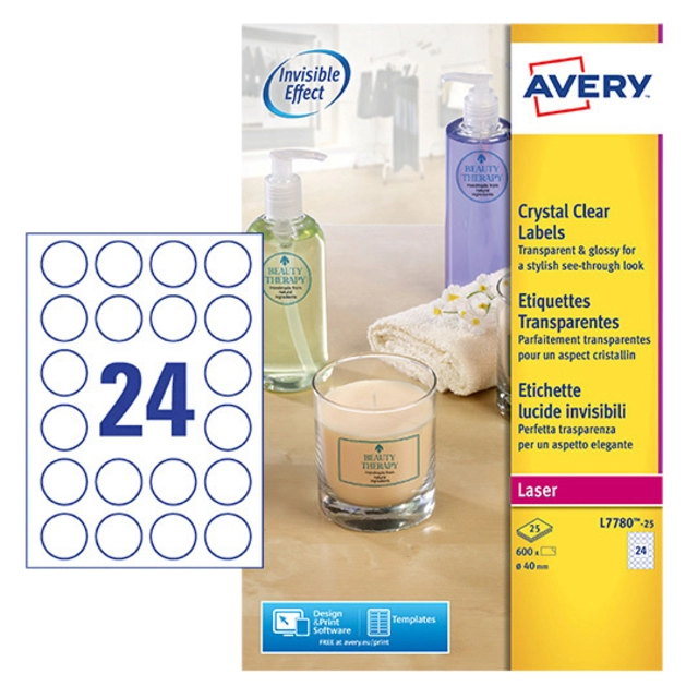 Een Etiket Avery L7780-25 rond 40mm transparant 600stuks koop je bij VHK Kantoorartikelen