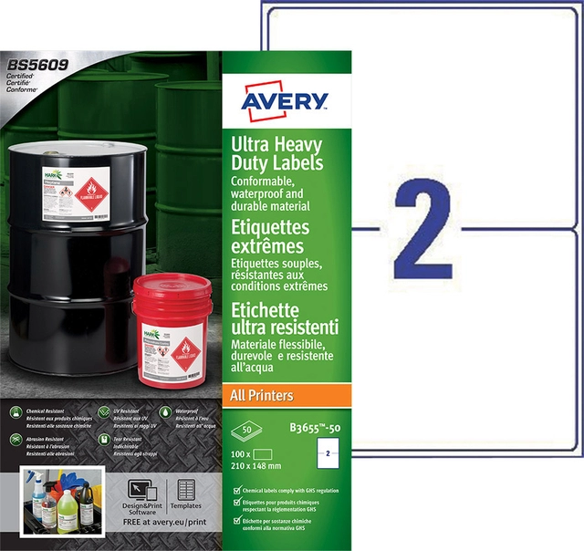 Een Etiket Avery B3655-50 148x210mm polyethyleen wit 100stuks koop je bij VHK Kantoorartikelen