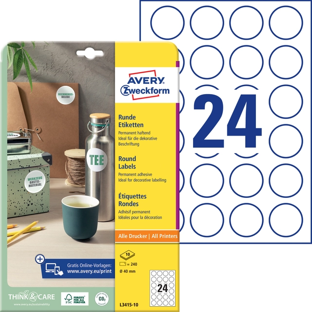 Een Etiket Avery Zweckform L3415-10 rond 40mm wit 240stuks koop je bij VHK Kantoorartikelen