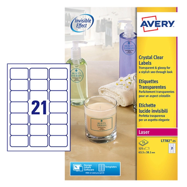 Een Etiket Avery L7782-25 63.5x38.1mm transparant 525stuks koop je bij VHK Kantoorartikelen