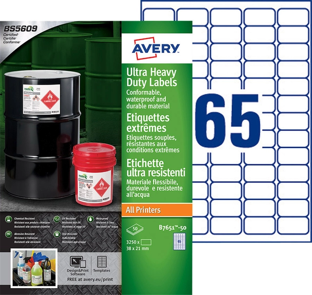 Een Etiket Avery B7651-50 38x21mm polyethyleen wit 3250stuks koop je bij VHK Kantoorartikelen