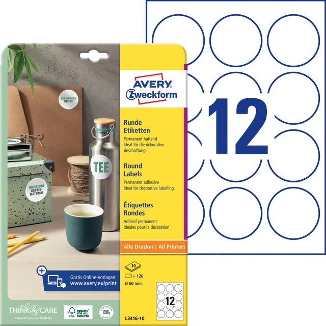 Een Etiket Avery Zweckform L3416-10 rond 60mm wit 120stuks koop je bij VHK Kantoorartikelen