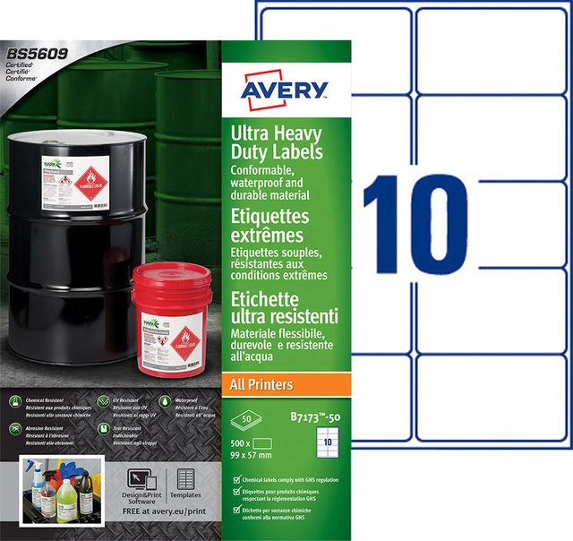 Een Etiket Avery B7173-50 99x57mm polyethyleen wit 500stuks koop je bij VHK Kantoorartikelen