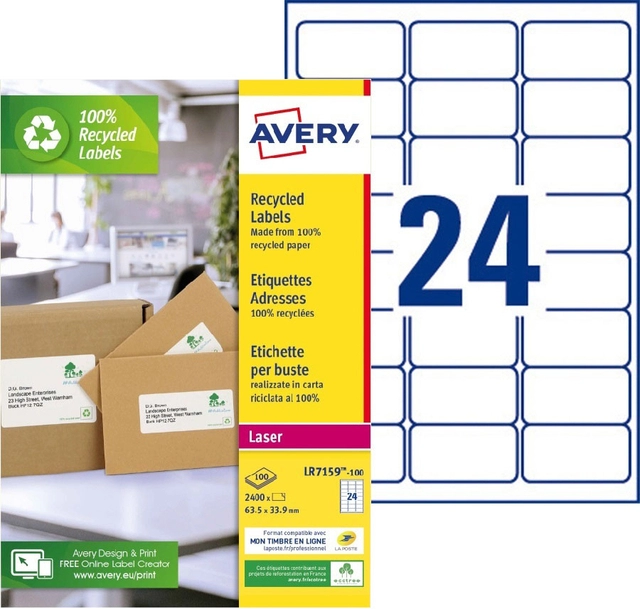 Een Etiket Avery LR7159-100 33.9x63.5mm recycled wit 2400stuks koop je bij VHK Kantoorartikelen