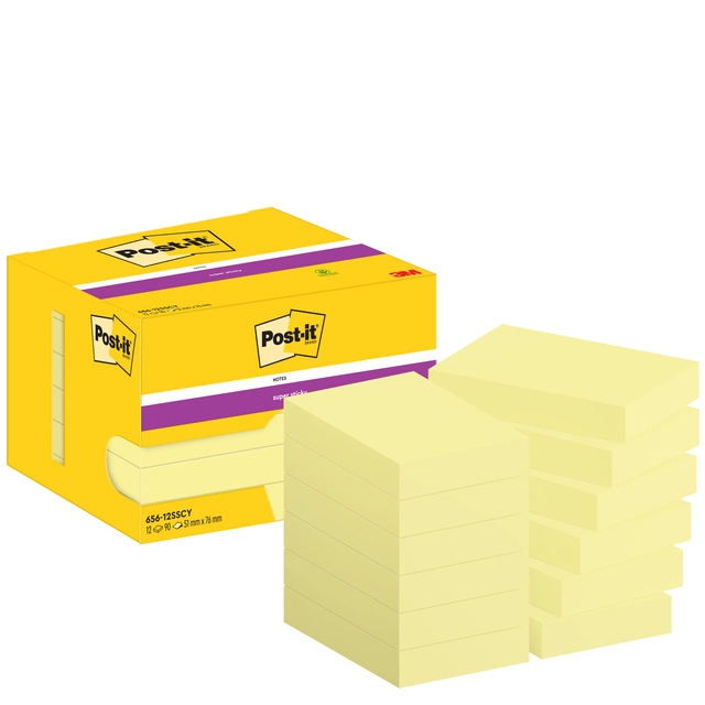 Een Memoblok Post-it 656 Super Sticky 51x76mm geel 12 stuks koop je bij Hoekmankantoorartikelen.nl