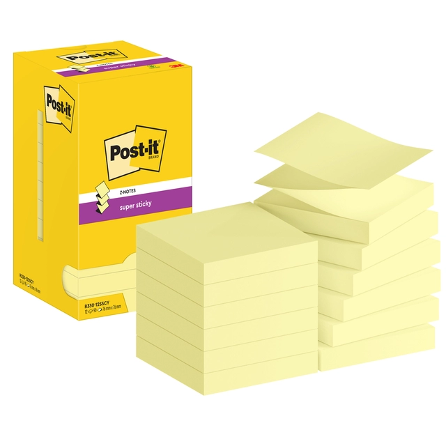 Een Memoblok Post-it Z-Note S330 Super Sticky 76x76mm geel 12 stuks koop je bij Hoekmankantoorartikelen.nl