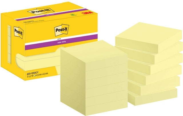 Een Memoblok Post-it 622 Super Sticky 47,6x47,6mm geel 12 stuks koop je bij Hoekmankantoorartikelen.nl